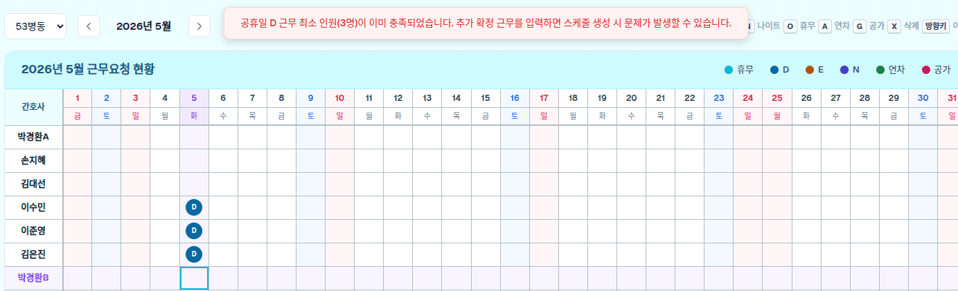 교대 인원 초과 경고 예시